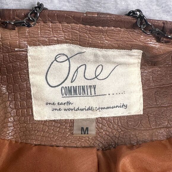 One Community Women's Medium Faux Leather Moto Biker Jacket Brown Zipper - Picture 7 of 8